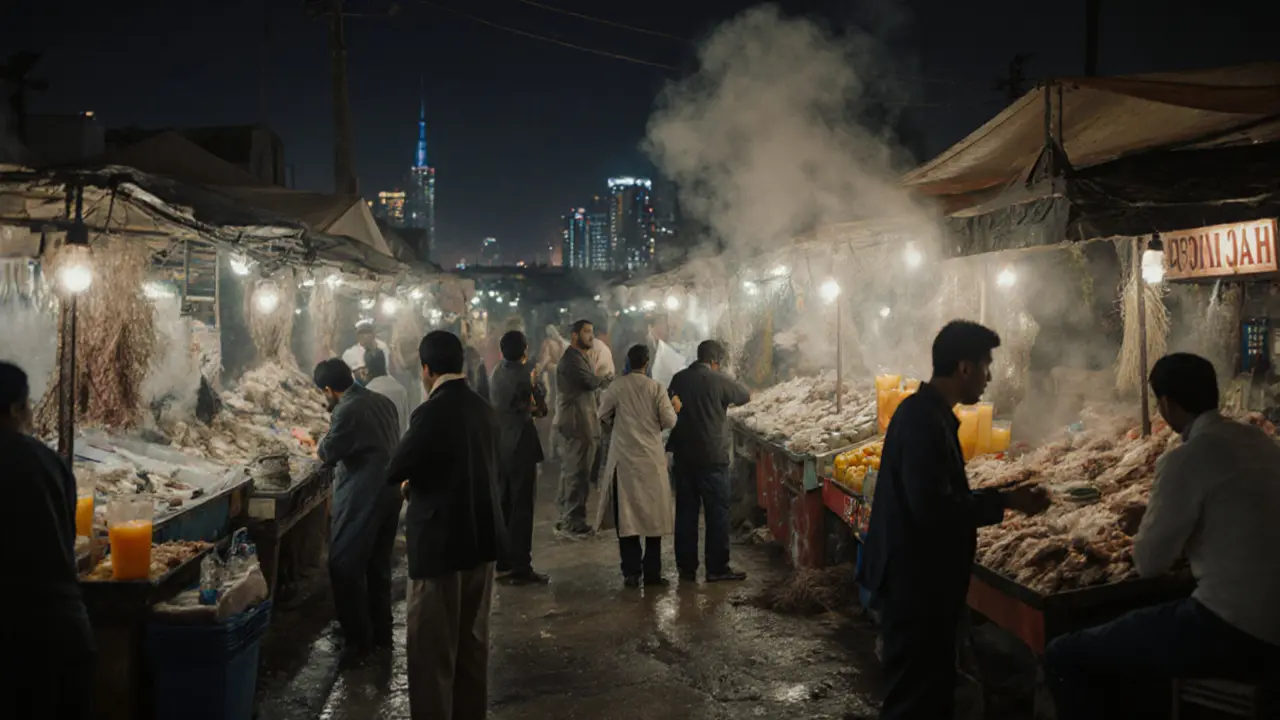 Fish market at dawn with people eating shawarma under floodlights beside fishermen.