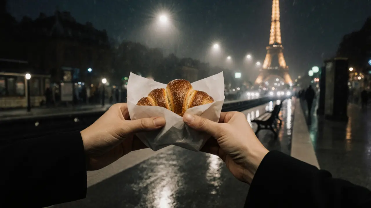 Hands passing a warm croissant at midnight, with a blurred metro platform and distant Eiffel Tower sparkles in the foggy night.