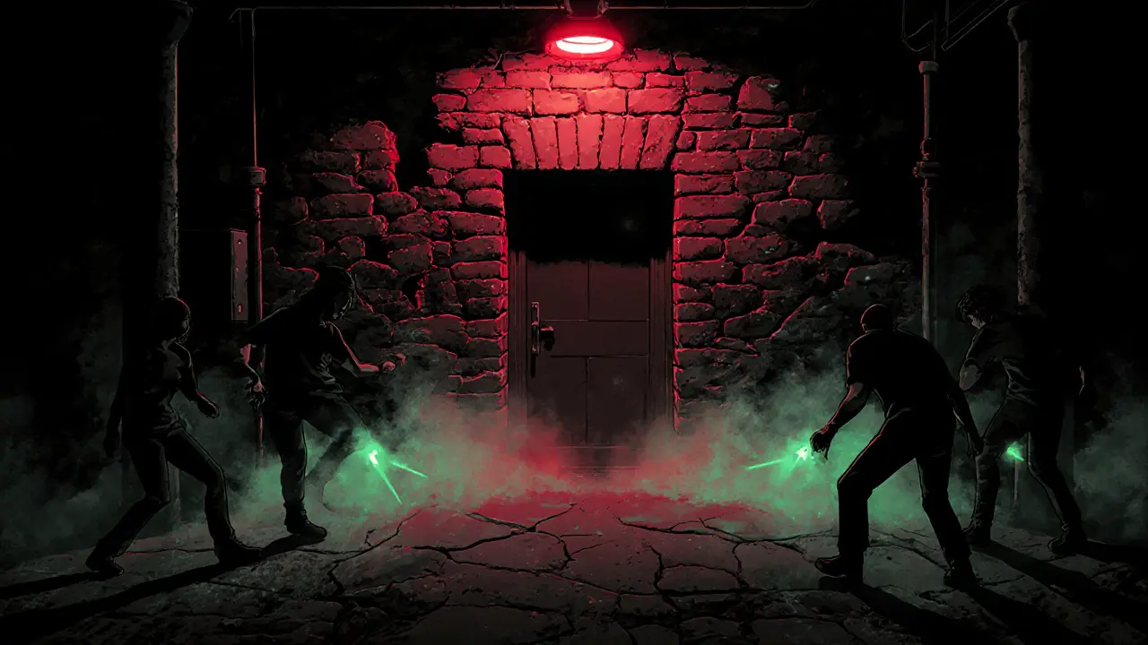 Hidden basement club entrance with a single red light and bass vibrations leaking into the street.