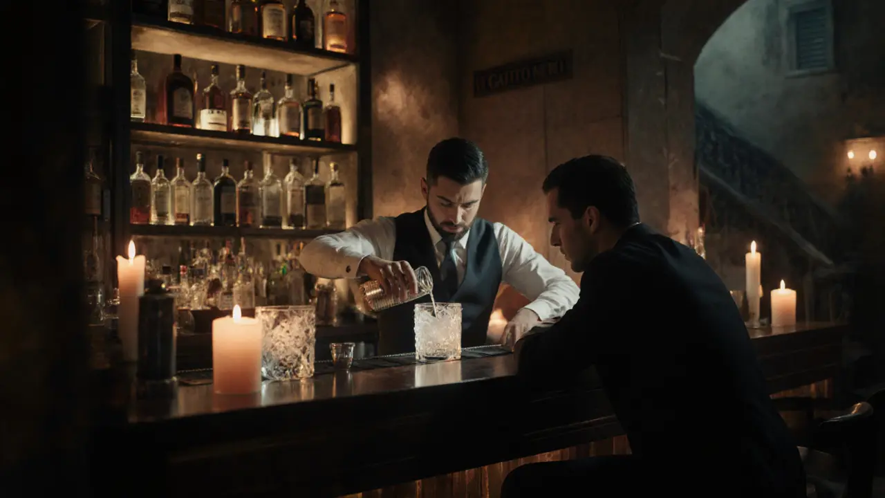 Hidden cocktail bar Il Gatto Nero, dimly lit with a bartender crafting a drink by candlelight.