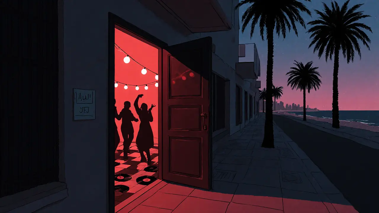 Hidden door leading to a dimly lit underground venue with vinyl records and quiet patrons.