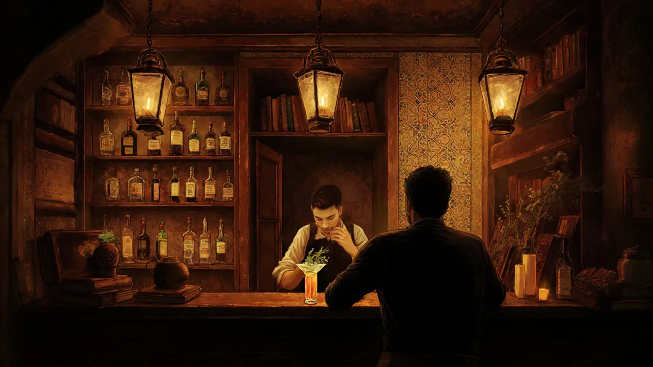 Hidden speakeasy bar in Karaköy with warm lighting, antique decor, and a bartender mixing craft cocktails.