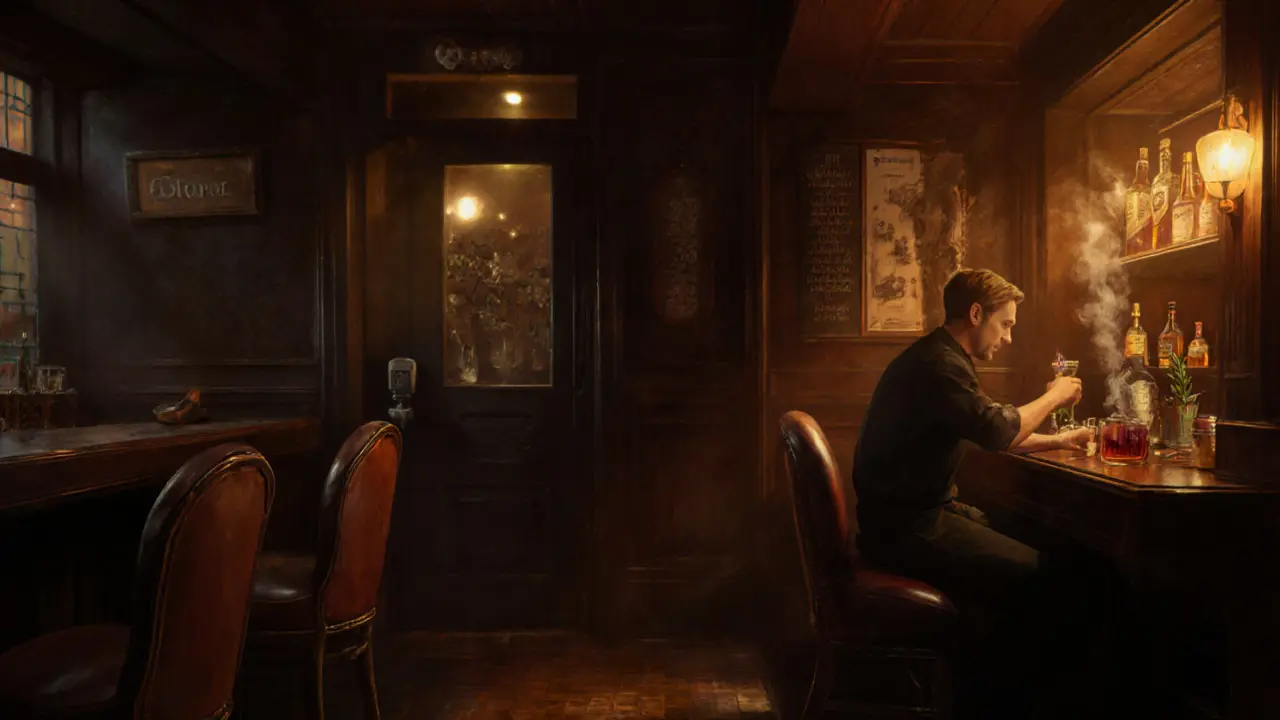 Hidden speakeasy with warm lighting, vintage chairs, and bartender crafting a smoky drink