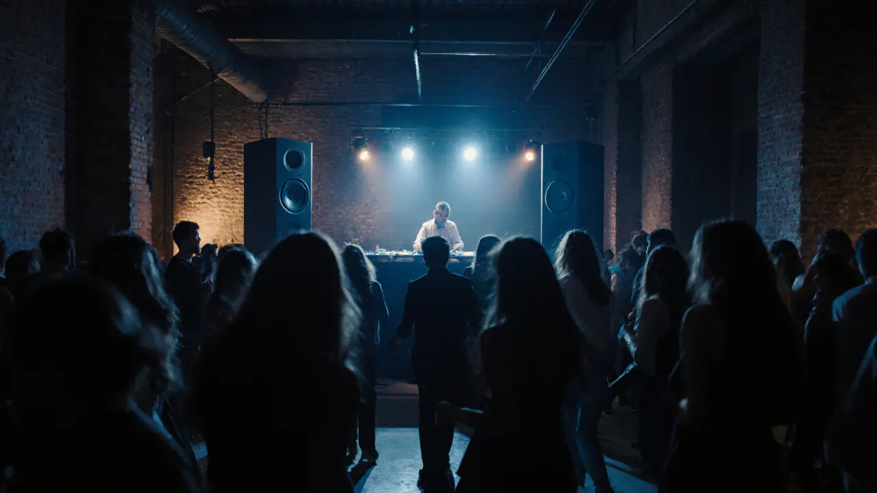 Inside Magazzini Generali club, stylish crowd dancing to live electronic music under moody warehouse lighting.