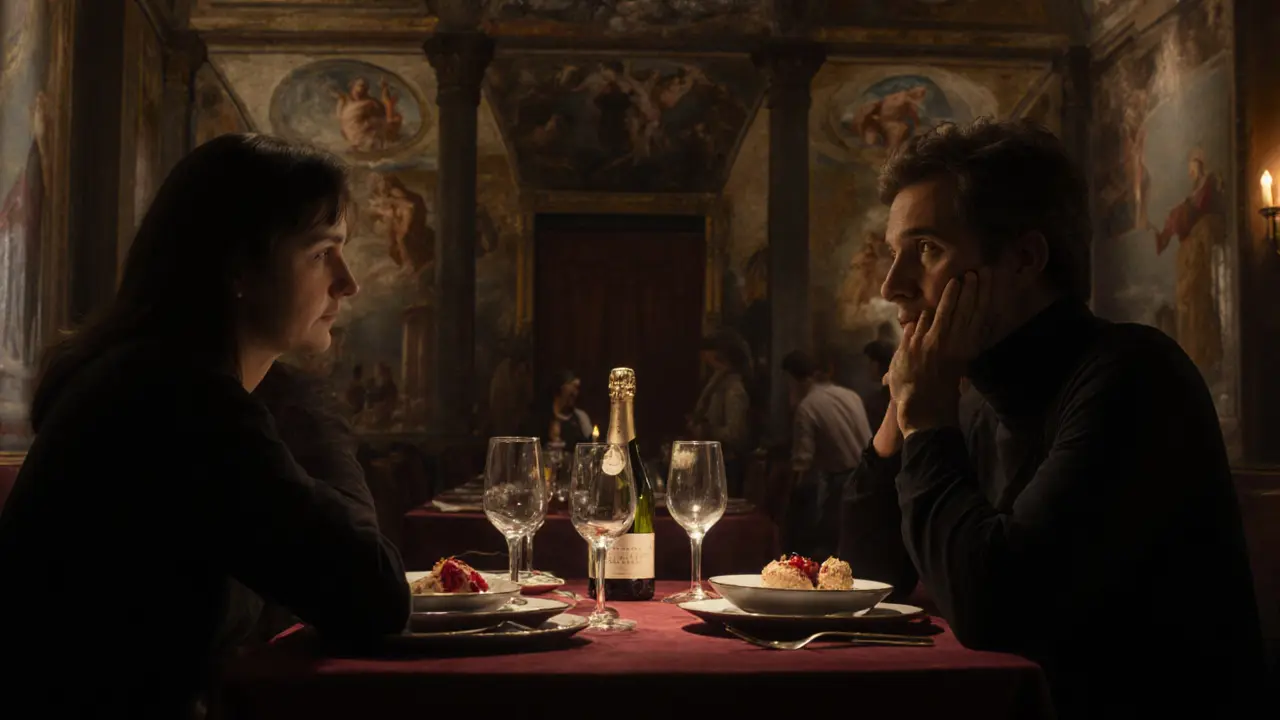 Intimate dinner in a historic palazzo, candlelight illuminating dessert and fine wine.