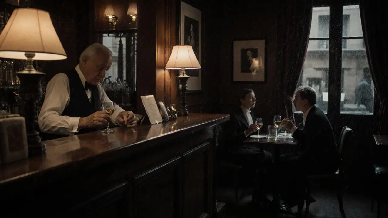 Intimate jazz bar at night with quiet conversation, cognac, and rain on the windows.