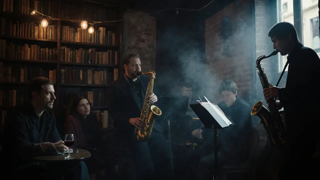 Jazz musicians performing in a smoky underground club under soft string lights.
