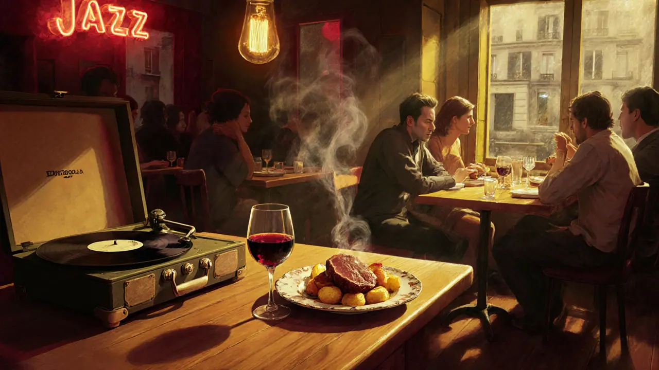 Late-night bistro with duck confit, jazz turntable, and warm ambient lighting.