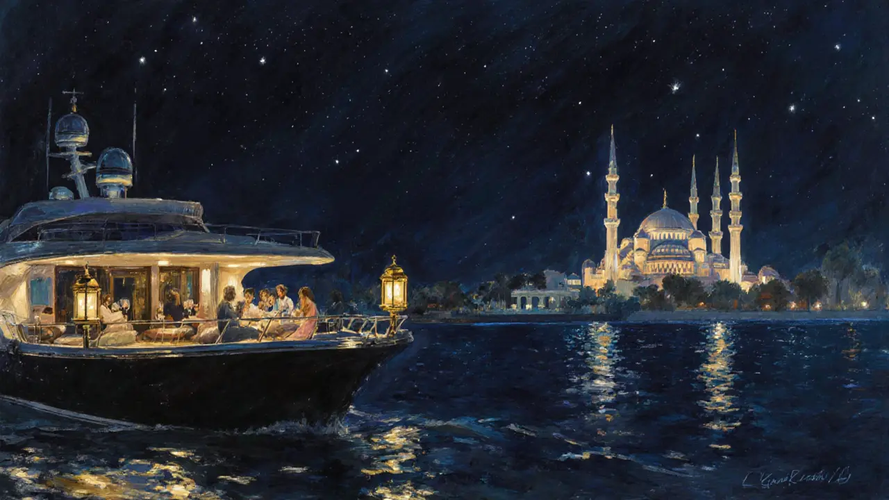 Luxury yacht floating at night with golden lights, distant illuminated mosque reflections on calm water.