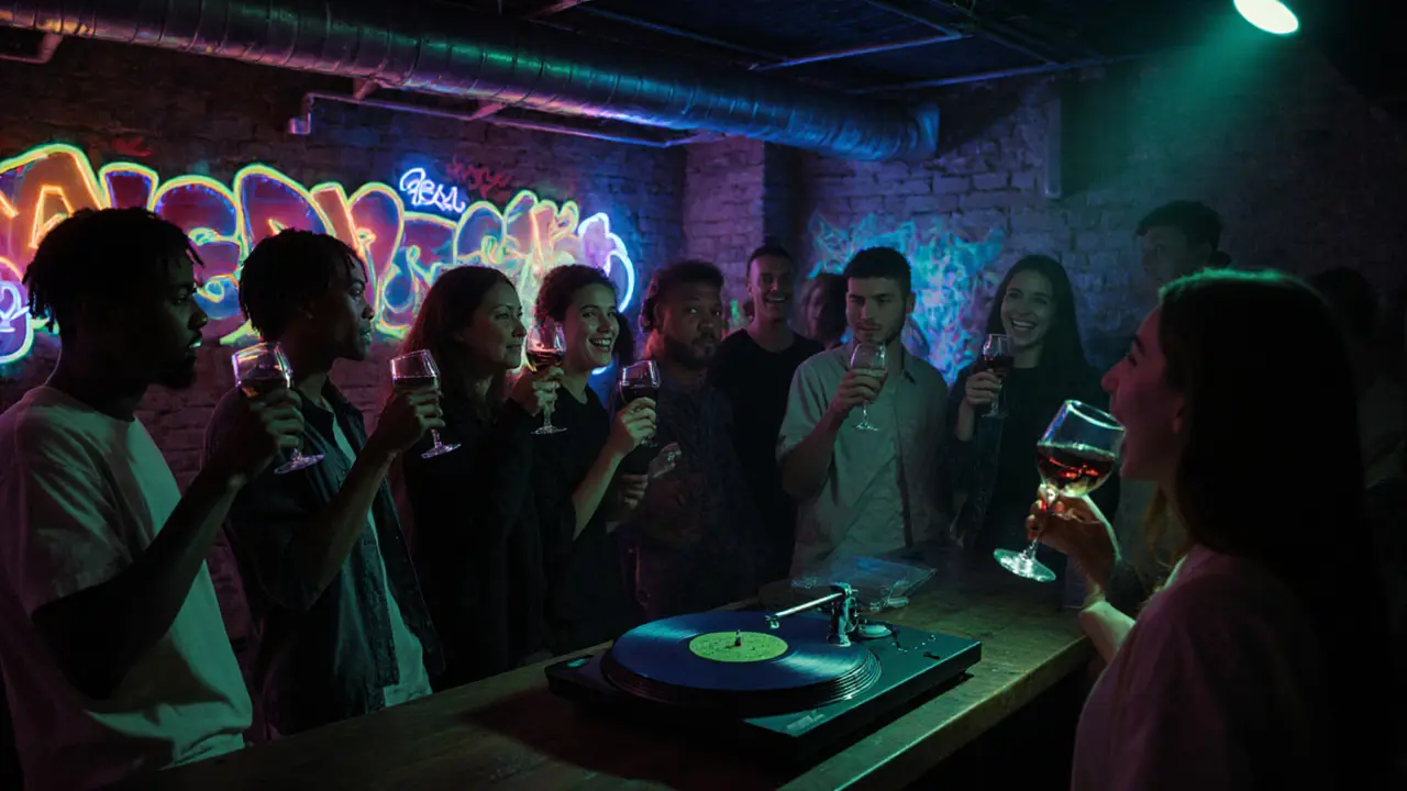 Modern basement bar with UV graffiti and patrons sipping natural wine in dim light.