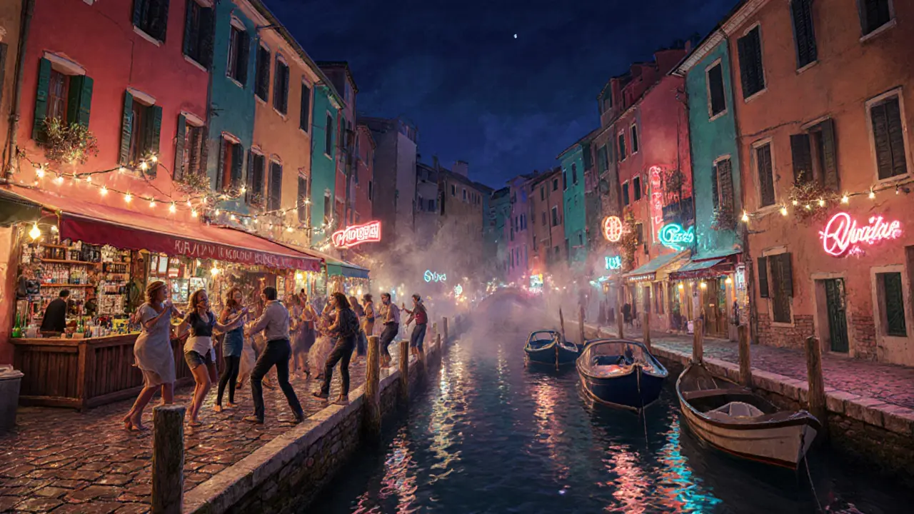 Nightlife along Naviglio Grande canal with dancing crowds and colorful bars.