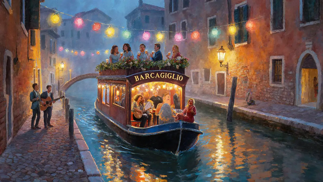 Nighttime Navigli canals with glowing string lights and a floating bar beside people walking on cobblestones.
