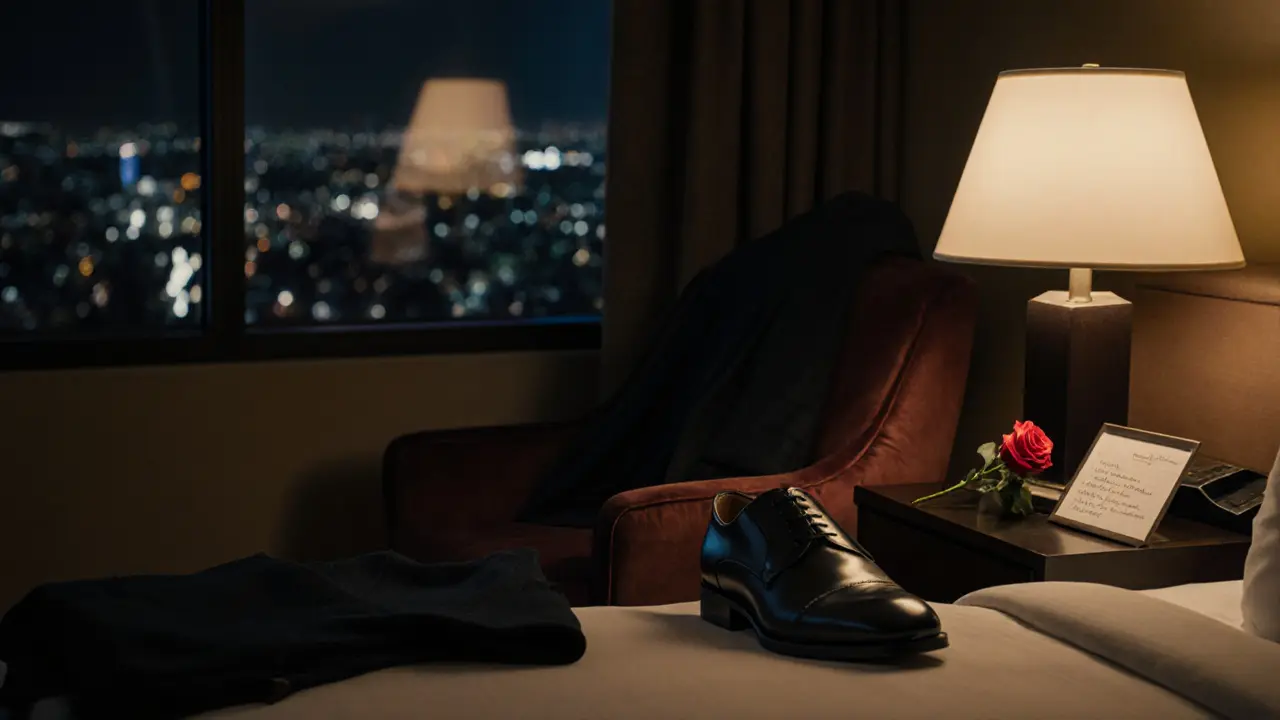 Polished shoes and a folded jacket rest on an armchair in an empty hotel suite, a rose on the table.
