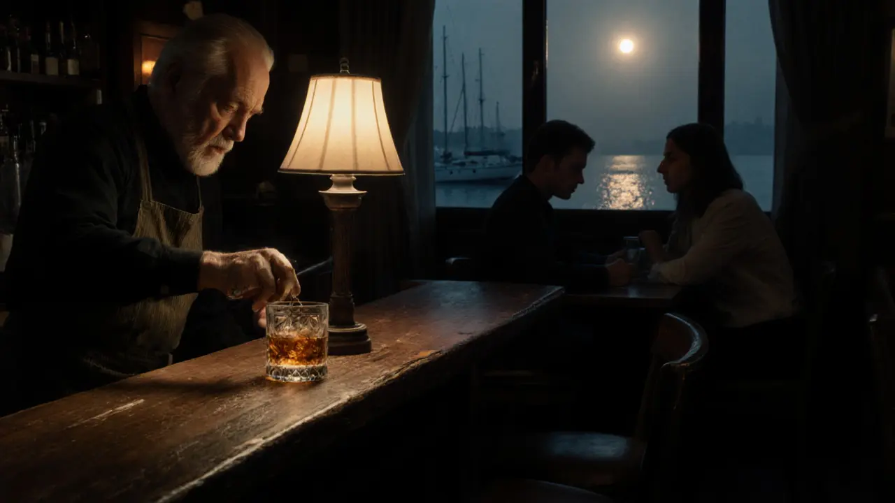 Quiet waterfront bar at dawn, a bartender pouring whiskey as a yacht glides past the harbor.
