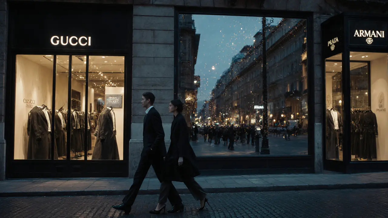 Refined couple walking past luxury fashion boutiques in Milan&#039;s fashion district at twilight.