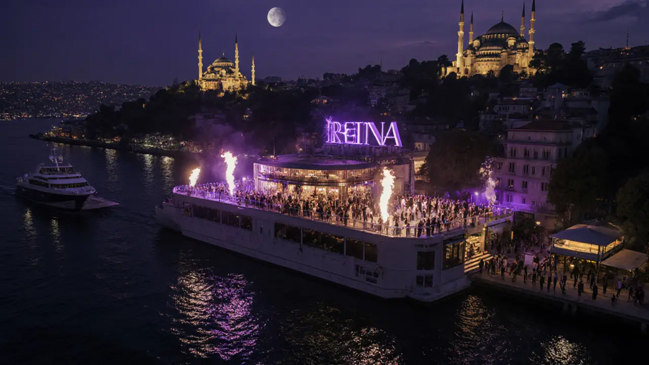Reina nightclub on the Bosphorus with fire dancers and city skyline glowing in the night.