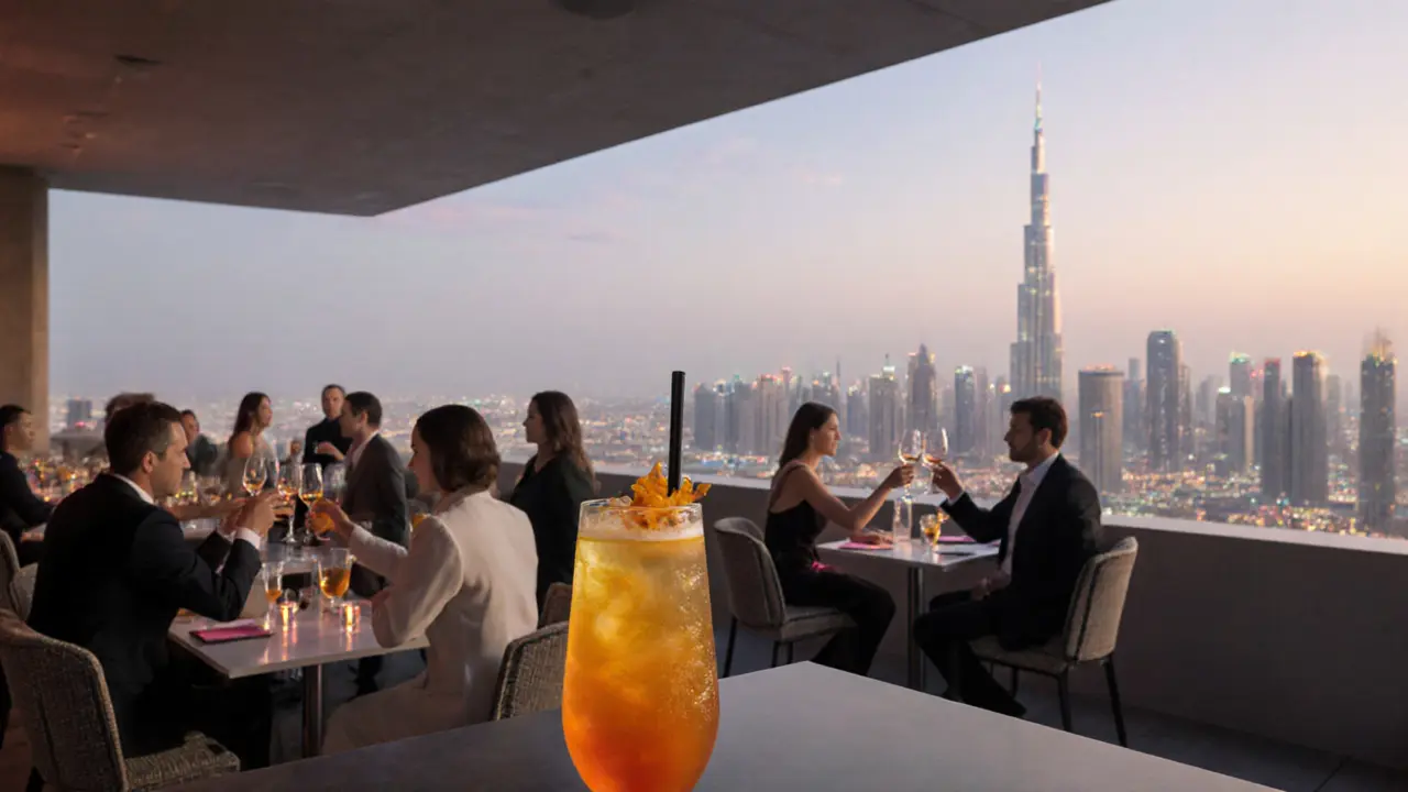 Rooftop bar with panoramic Dubai skyline and glowing cocktail in foreground