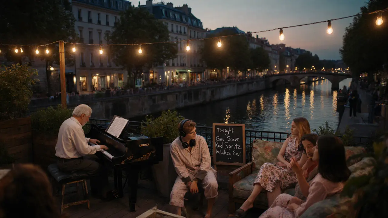 Rooftop terrace at Canal Saint-Martin with jazz pianist and DJ at 2 a.m.