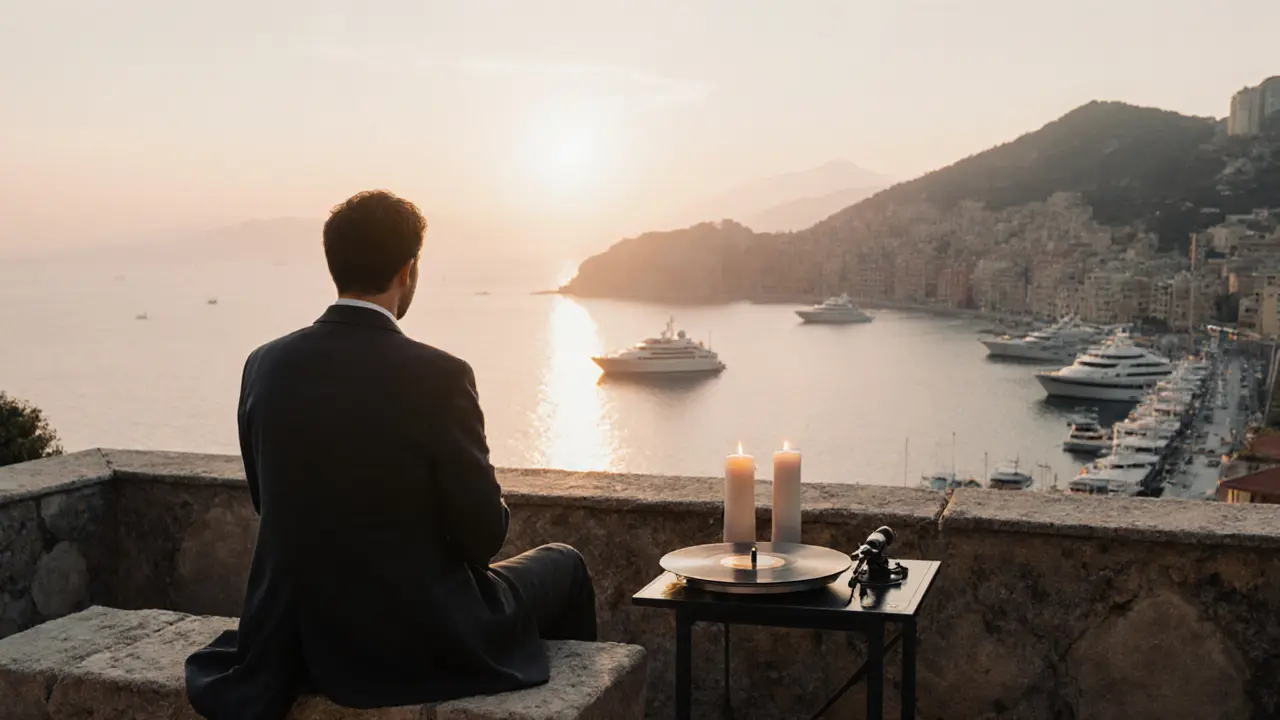 Silent rooftop terrace at sunrise overlooking Monaco harbor, candles flickering, vinyl record spinning, lone figure in coat.