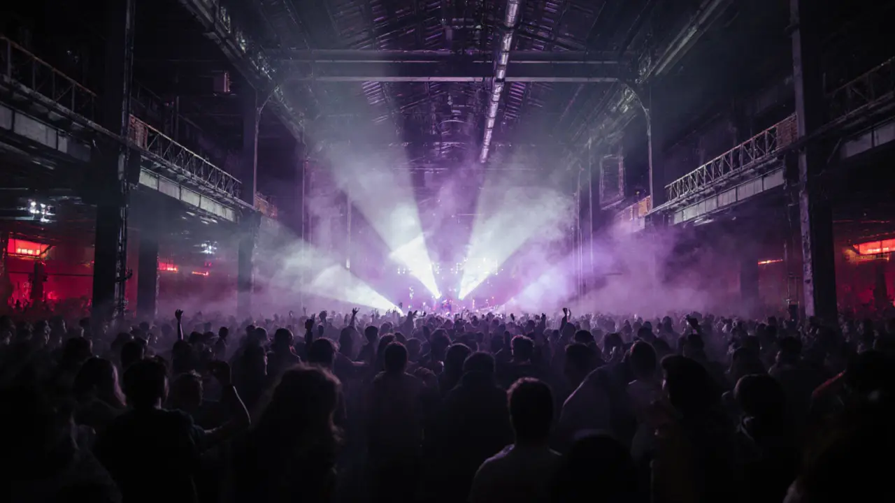 Silhouettes dancing in a vast industrial warehouse under pulsing techno lights.