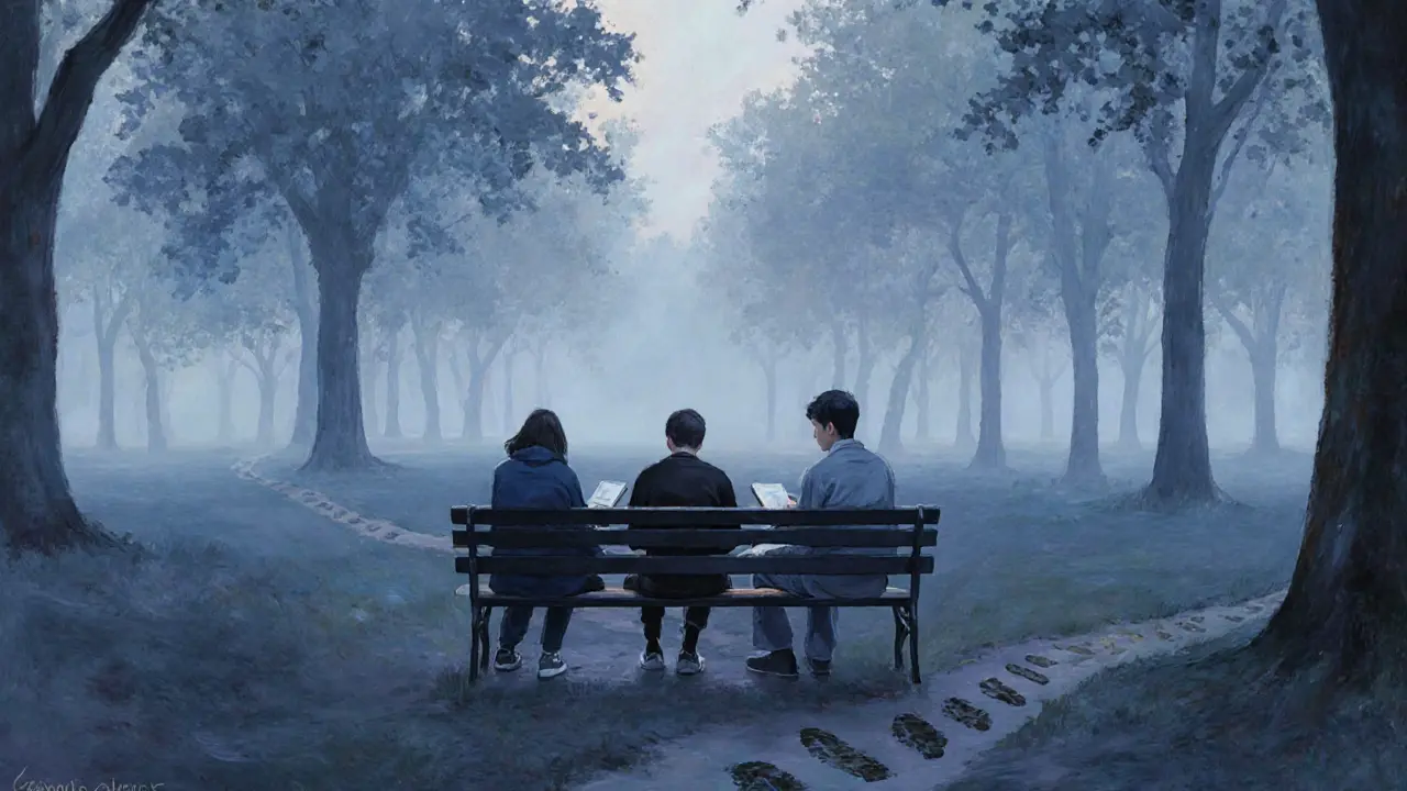 Three individuals sitting peacefully on park benches in Berlin at dawn, each lost in their own thoughts.