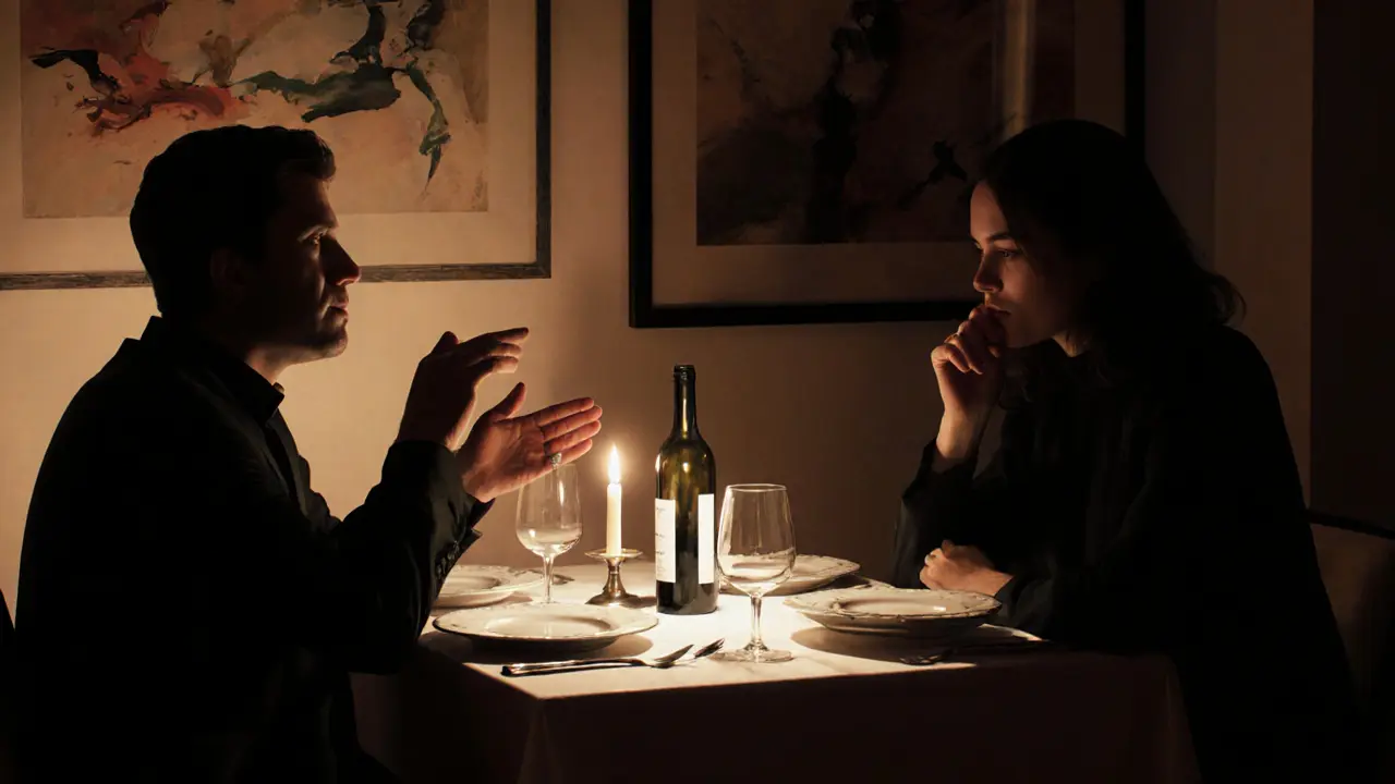 Two elegant silhouettes share a candlelit dinner in a private Berlin restaurant, immersed in thoughtful conversation.