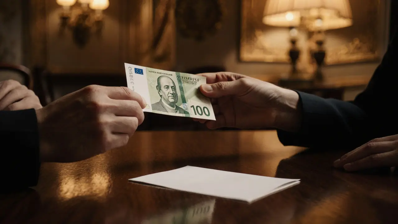 Two hands exchanging money and a note on a wooden table in a dim hotel room, no faces visible.