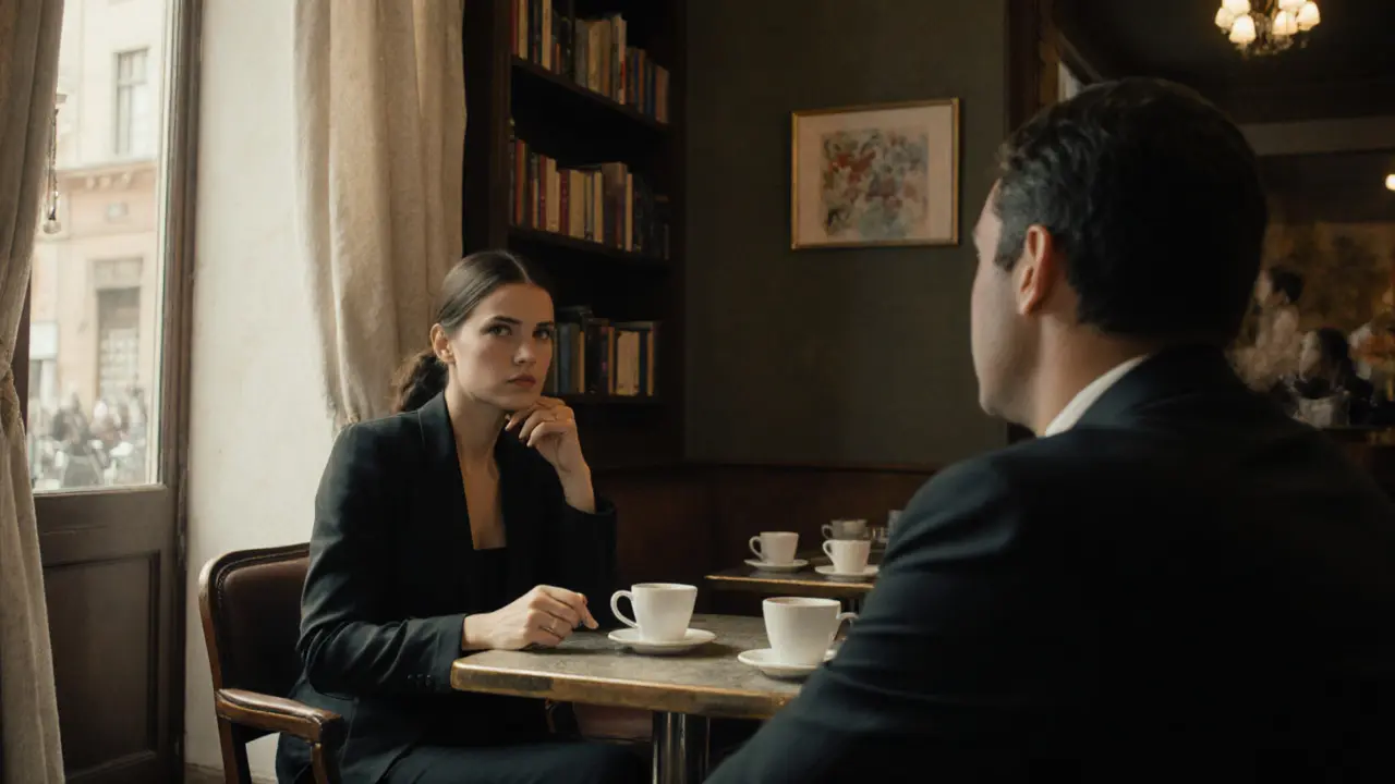 Two people engage in quiet, meaningful conversation over coffee in a cozy Milanese café.