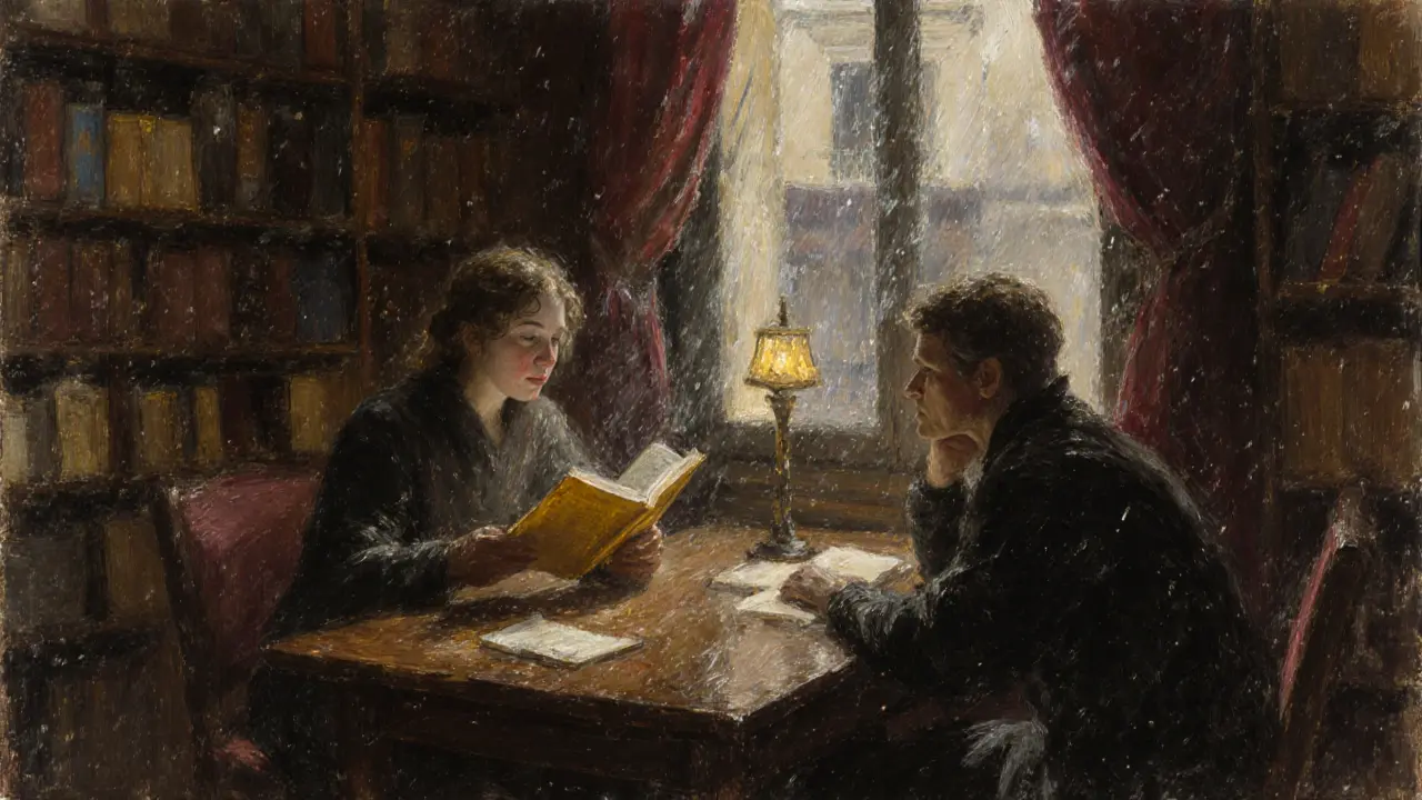 Two people read together in a cozy bookshop, lamplight glowing on old books and rain-streaked windows.
