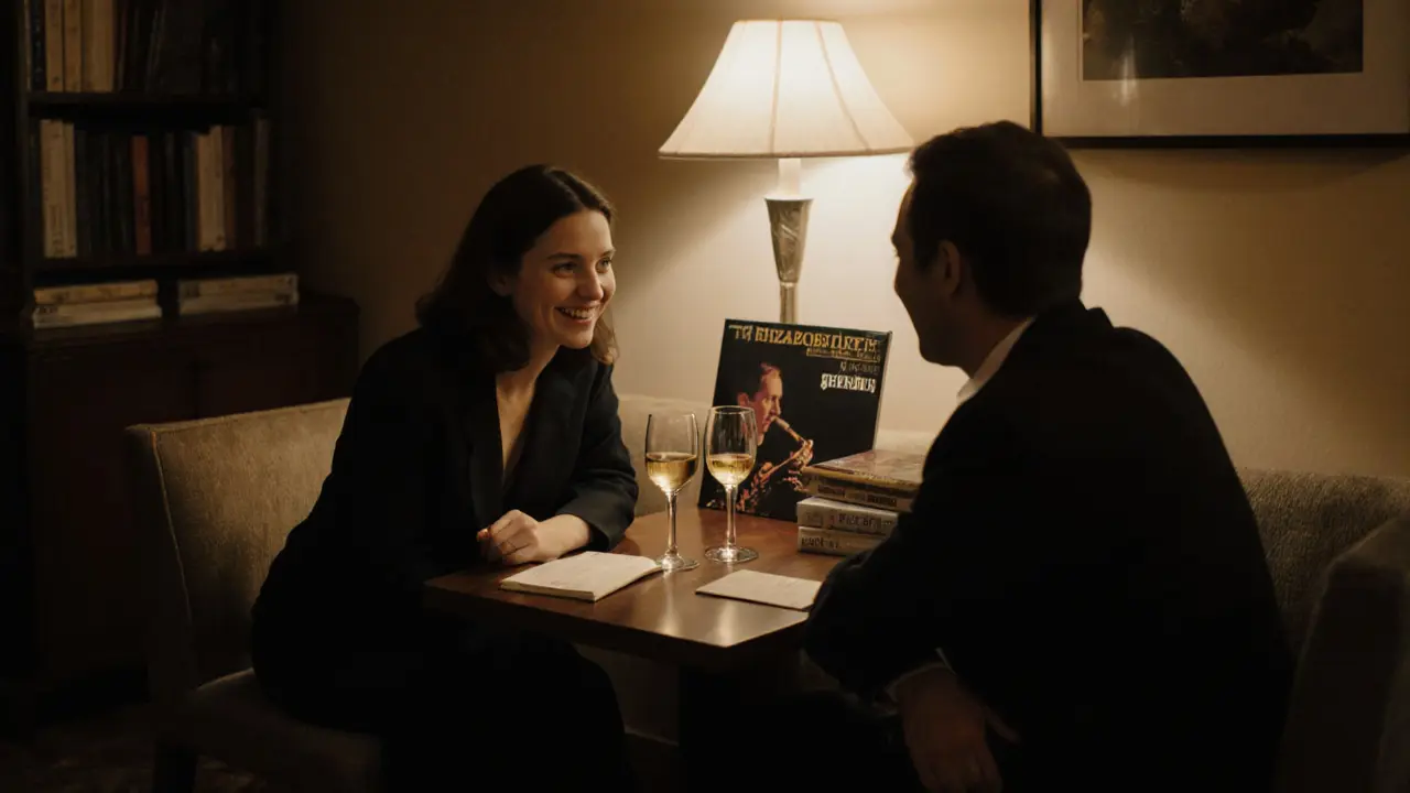Two people share a thoughtful evening in a boutique hotel lounge, talking over wine with genuine warmth.