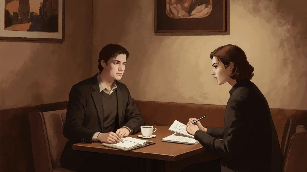 Two people sharing coffee and a book in a quiet Dubai café, exchanging quiet moments.