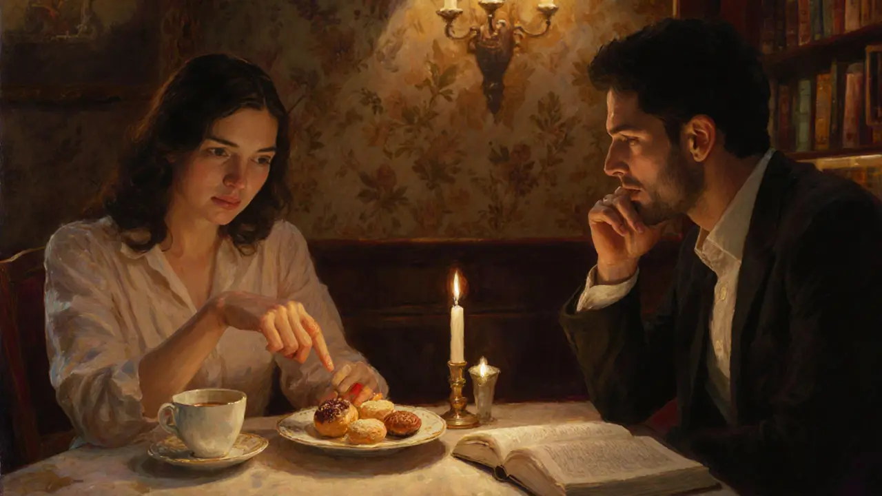 Two people sharing dessert in a cozy Jumeirah patisserie, engaged in thoughtful conversation.