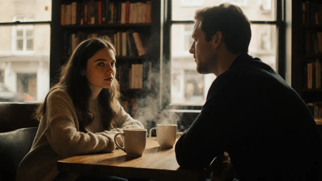 Two people sit quietly in a book-filled café, sharing a thoughtful moment over drinks.