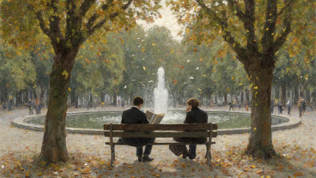 Two people sit silently on a bench in Luxembourg Gardens, surrounded by autumn trees.