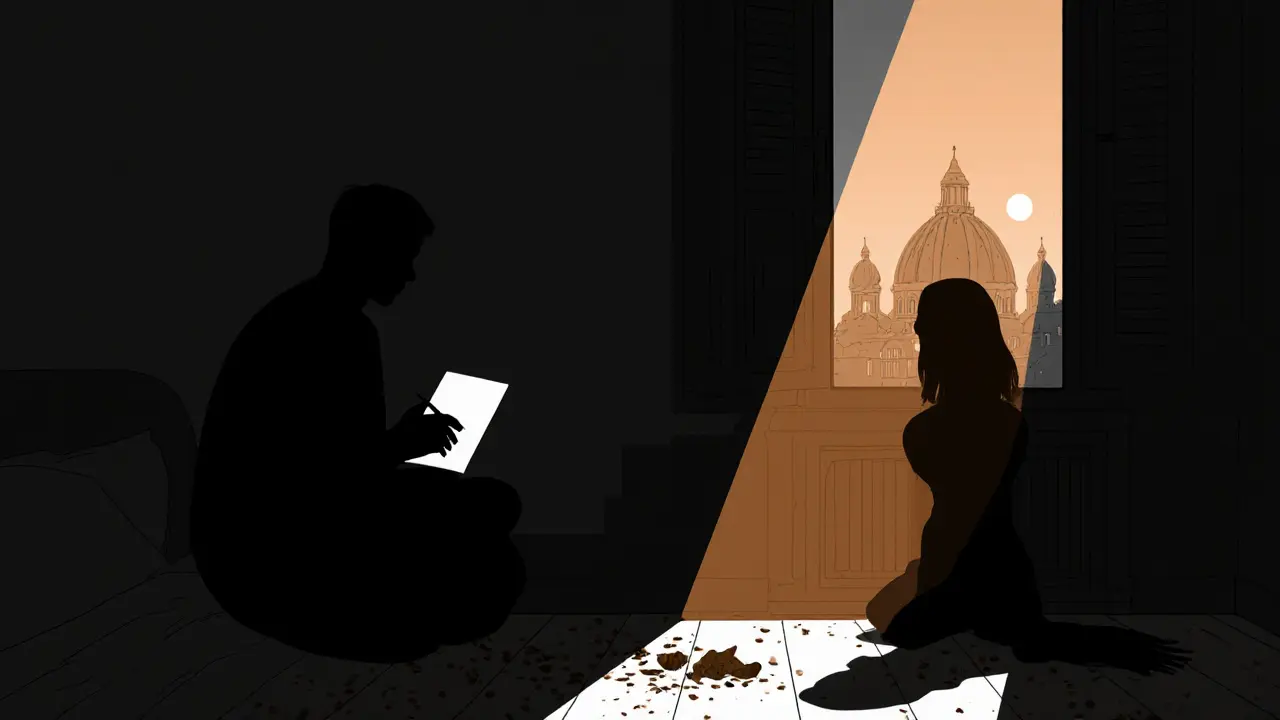 Two silhouettes in a Milan apartment, one holding a note, moonlight casting shadows of truffles and a scarf on the floor.