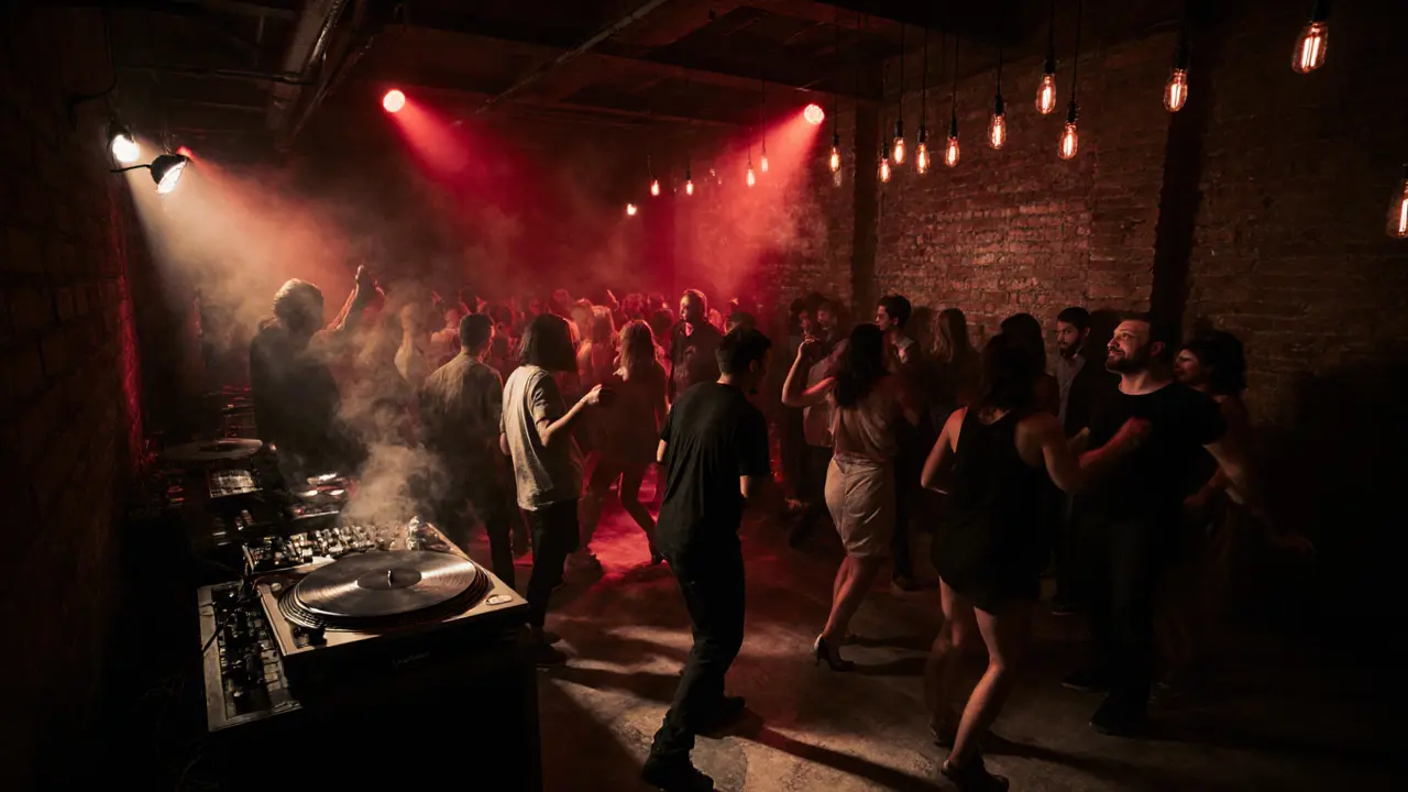 Underground club in Isola with dancers under red lights and vinyl records spinning in the corner.