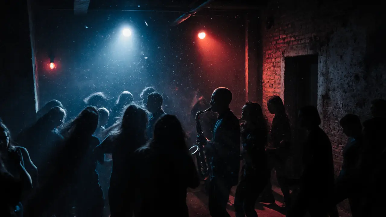Underground club with dancers in strobing light, red door above a dark alley.