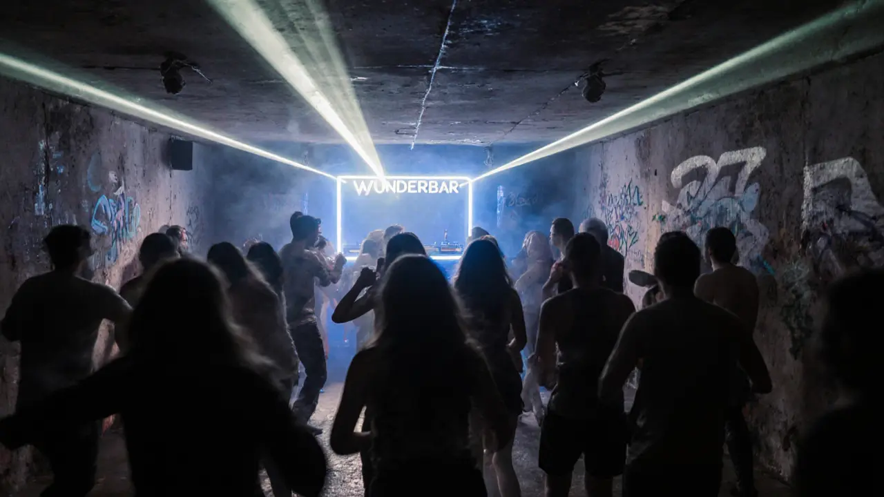 Underground techno club with laser lights, smoke, and silhouetted dancers in an industrial concrete space.