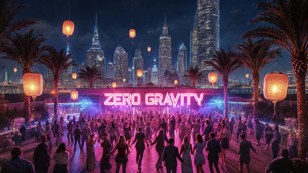 Vibrant outdoor party at Zero Gravity in JBR with neon lights, dancing crowd, and Dubai Marina skyline under night stars.