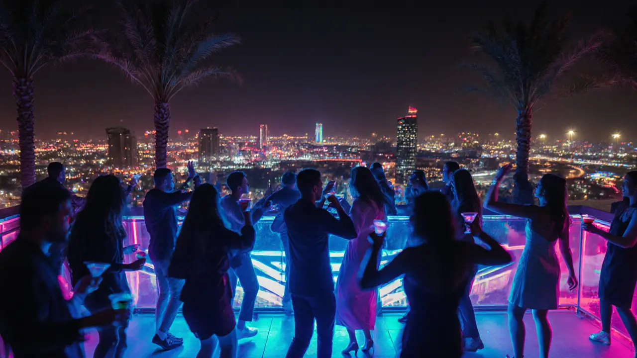 Vibrant rooftop club with neon lights from a racing circuit, people dancing under palm trees at night.