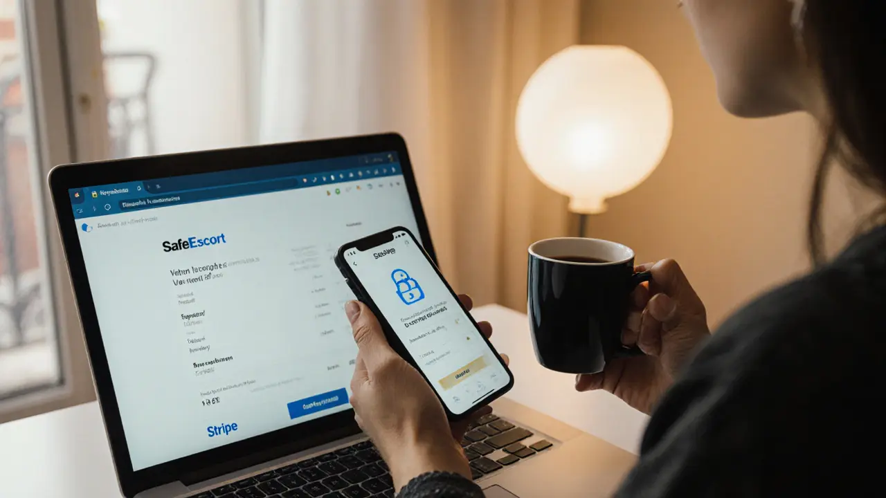Woman confirming a safety timer on her app while viewing encrypted payment receipts on a laptop.