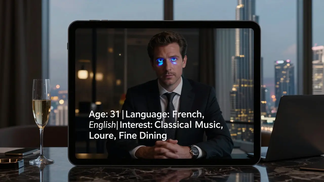 A black tablet showing only text details of a companion—age, language, interests—with no photo or name visible.