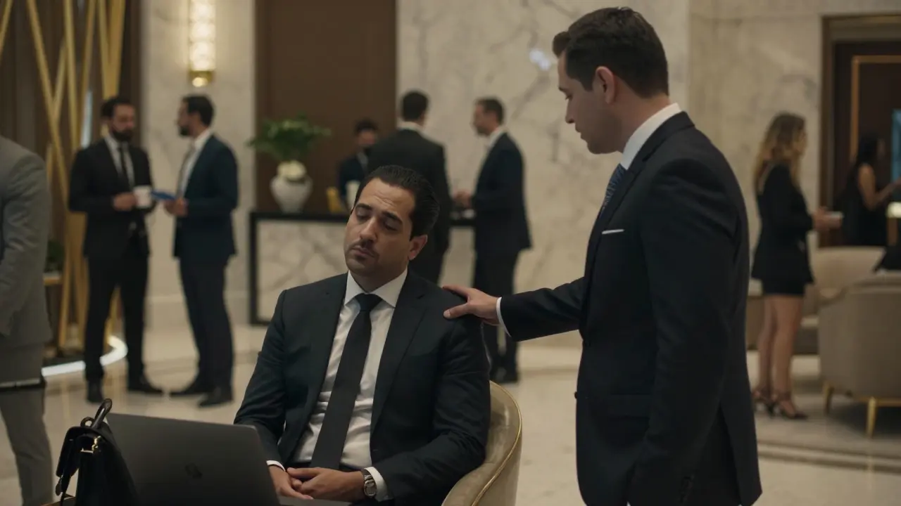 A business executive and their companion in a luxury hotel lobby, sharing a quiet moment of relief after an event.