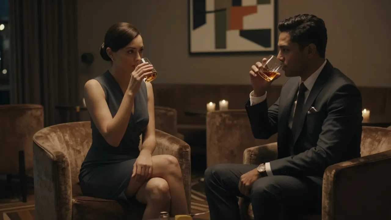 A businessman and his companion in a luxury hotel lounge, sharing a quiet moment with whiskey.