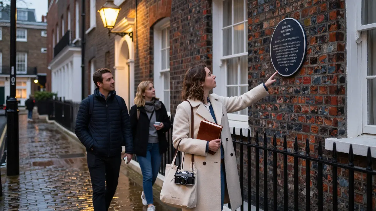 A companion leads a client on a literary walk through Bloomsbury at dusk, pointing to a historic plaque.