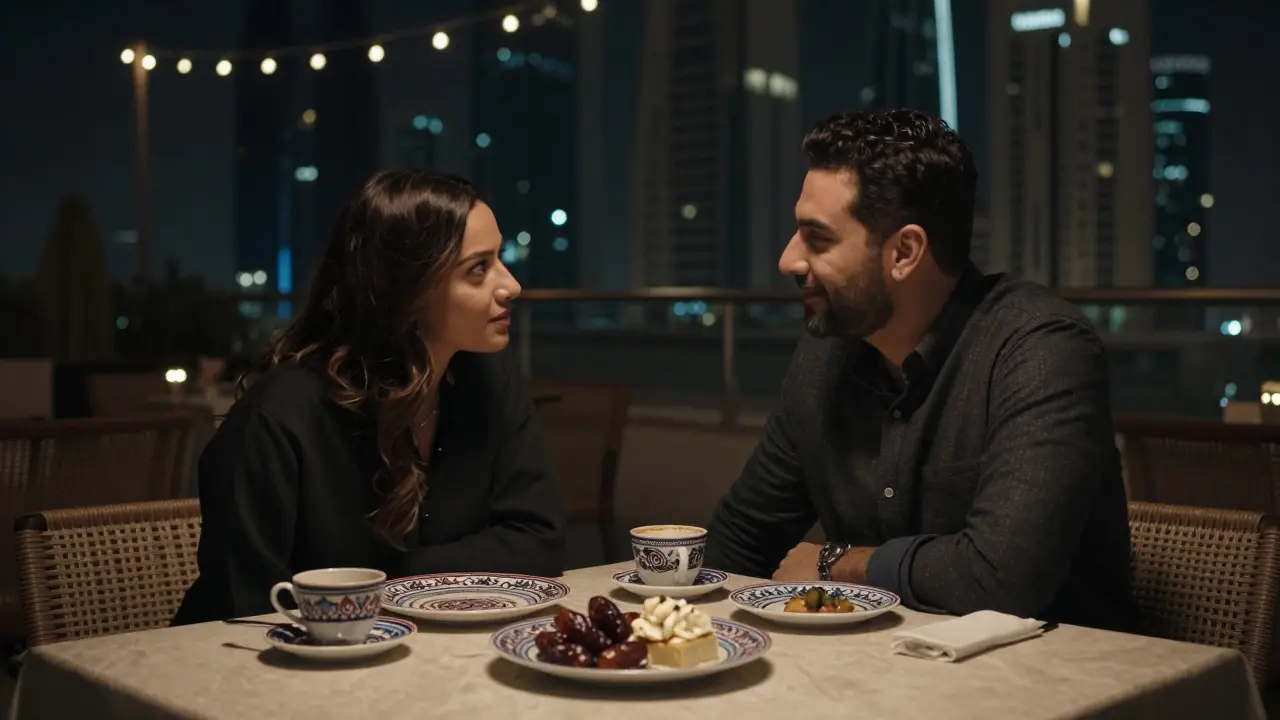 A couple enjoying a private dinner on a rooftop, surrounded by city lights and Arabic tableware.