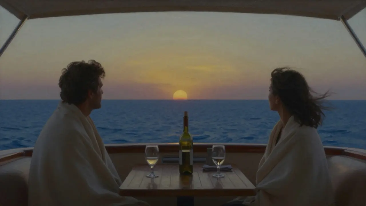 A couple shares a tranquil moment on a private yacht at dusk, gazing at the horizon as the sun sets over Dubai&#039;s coastline.