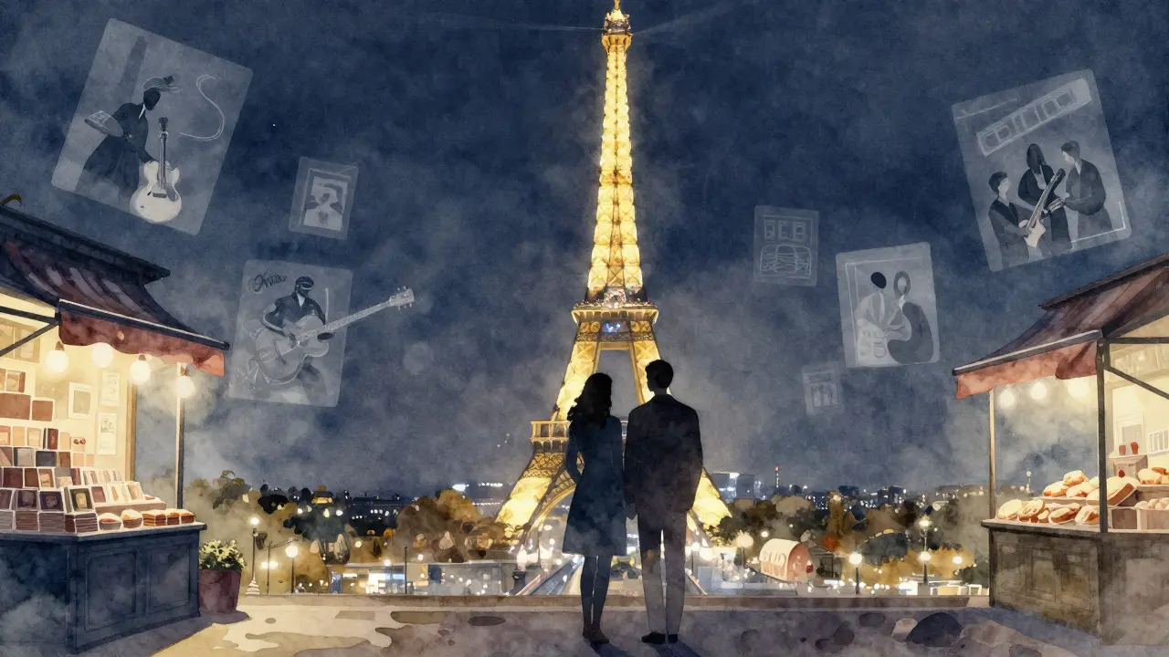 A couple stands beneath the sparkling Eiffel Tower, surrounded by ghostly images of Parisian landmarks.