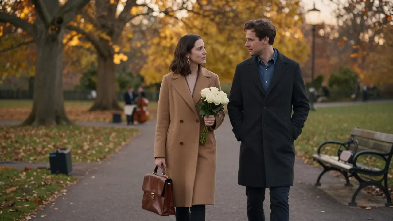 A couple walks through Hyde Park at sunset, enjoying a peaceful moment with jazz music and autumn leaves falling around them.