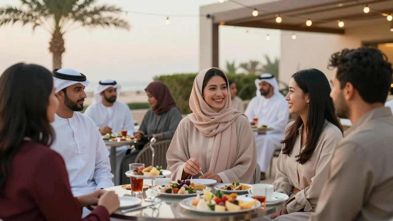 A culturally adept companion engaging with diverse guests at a private villa gathering in Dubai.